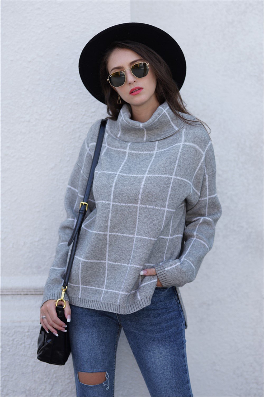 Chic Turtleneck Loose Plaid Sweater