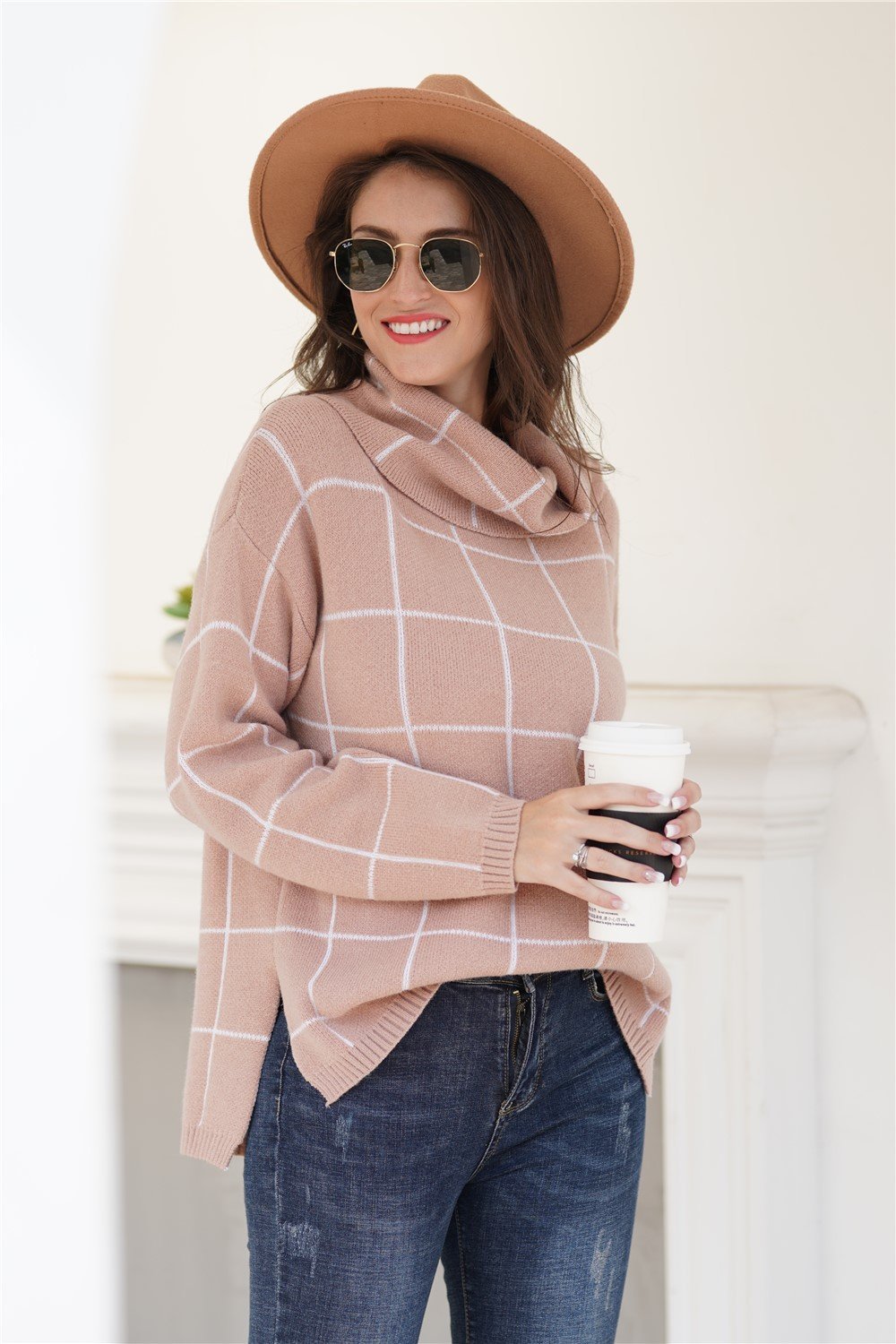 Chic Turtleneck Loose Plaid Sweater