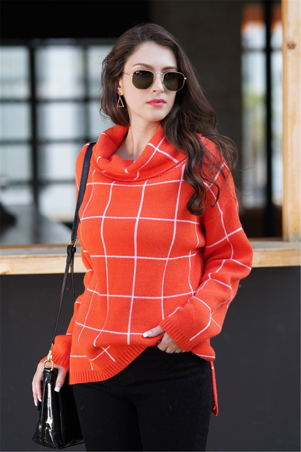 Chic Turtleneck Loose Plaid Sweater