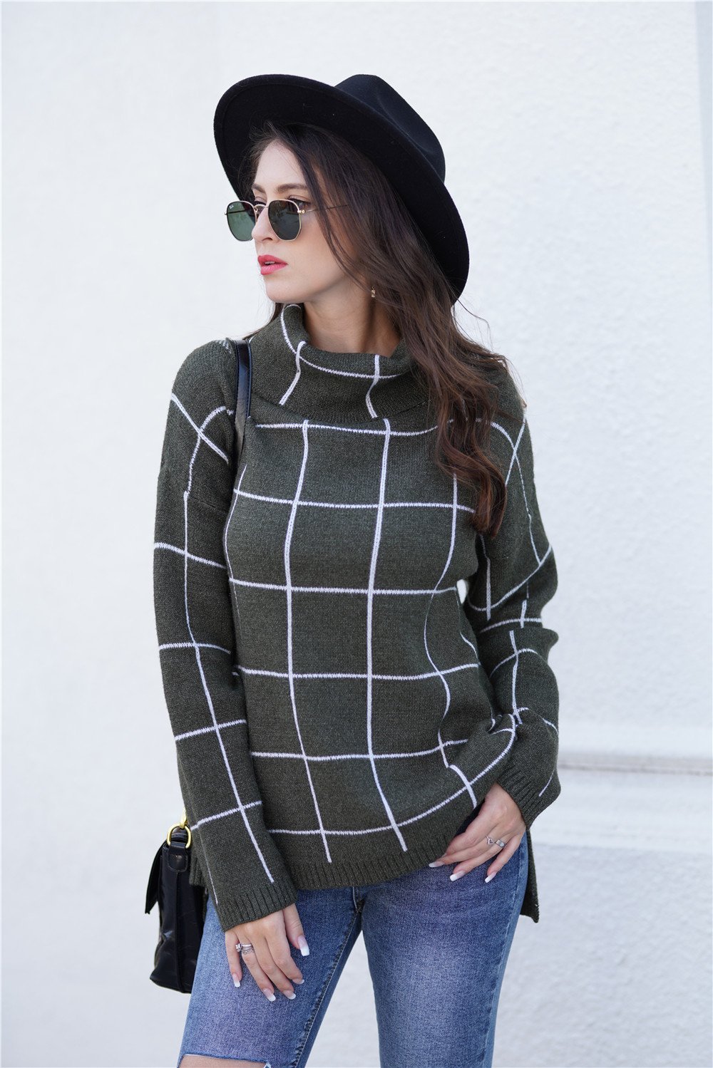 Chic Turtleneck Loose Plaid Sweater