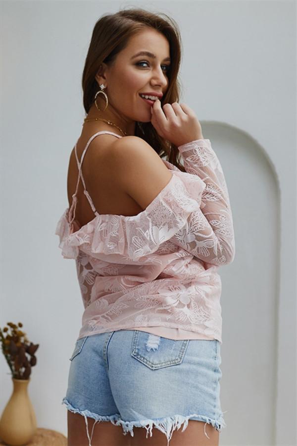 Cold Shoulder Long-sleeved Lace Blouse