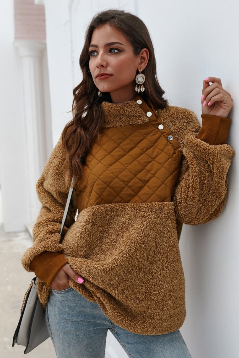 Color Block High Neck Buttons Sweatshirt