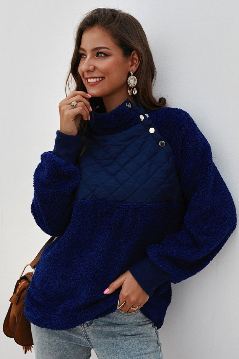 Color Block High Neck Buttons Sweatshirt