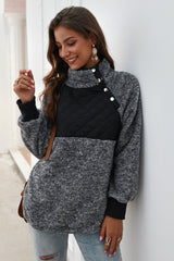 Color Block High Neck Buttons Sweatshirt