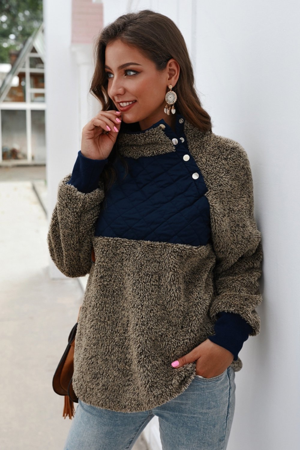 Color Block High Neck Buttons Sweatshirt