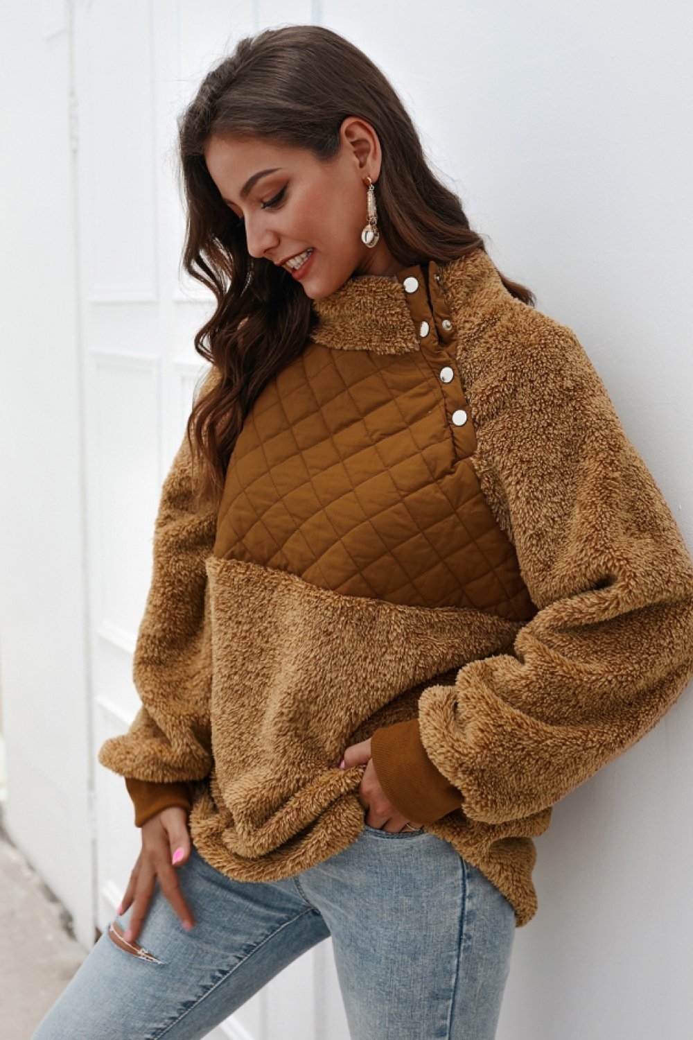 Color Block High Neck Buttons Sweatshirt