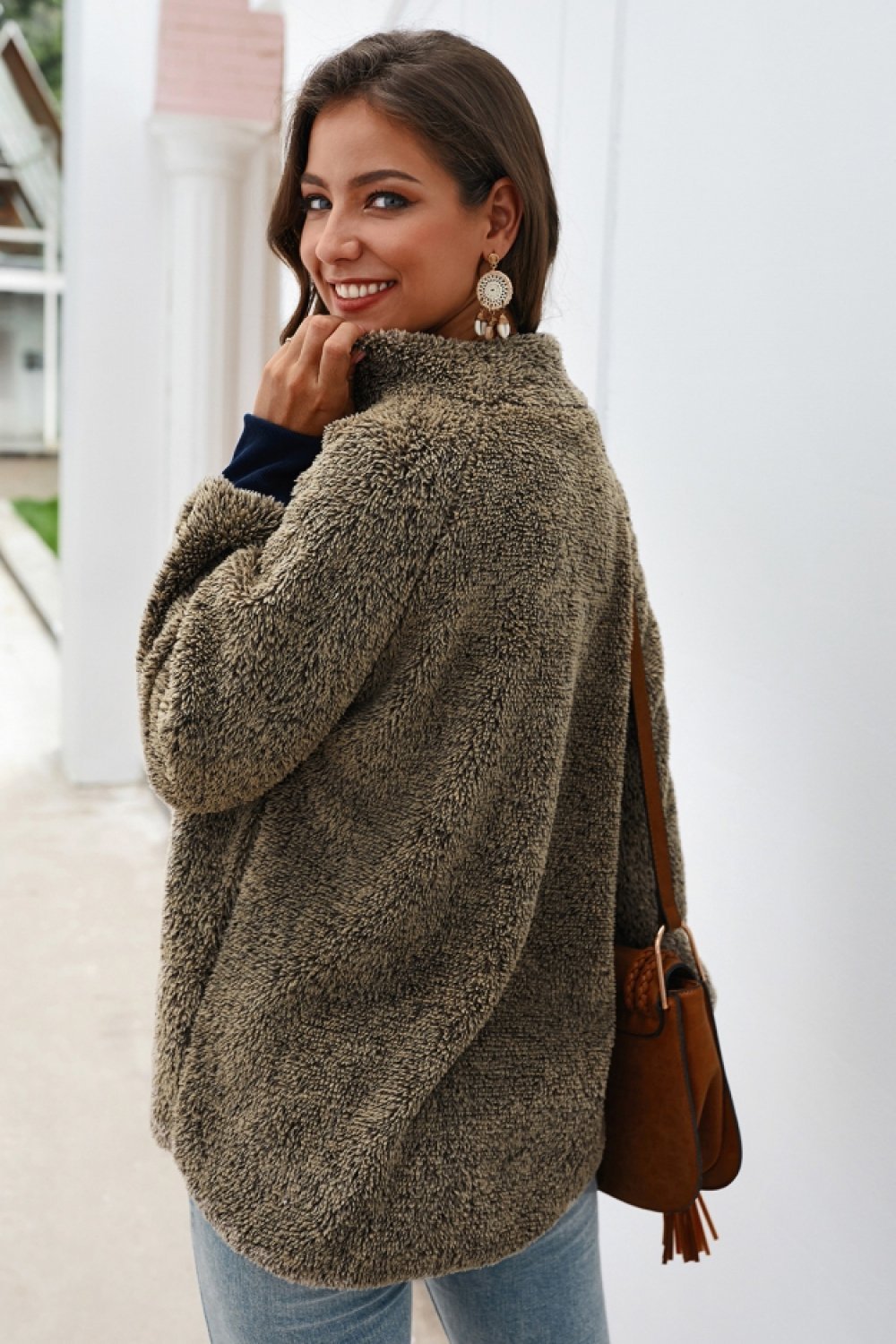 Color Block High Neck Buttons Sweatshirt