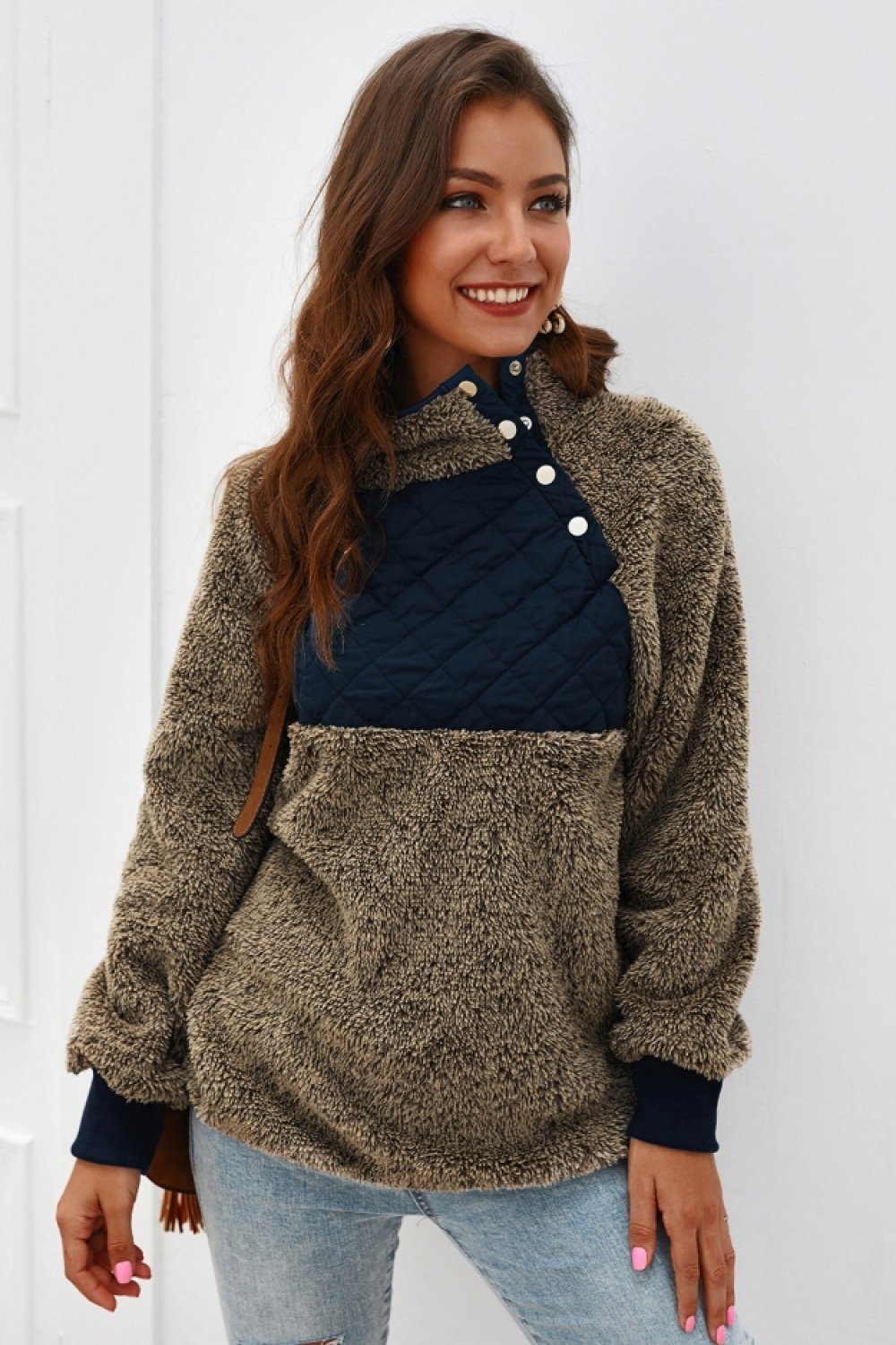 Color Block High Neck Buttons Sweatshirt