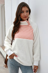 Color Block High Neck Buttons Sweatshirt