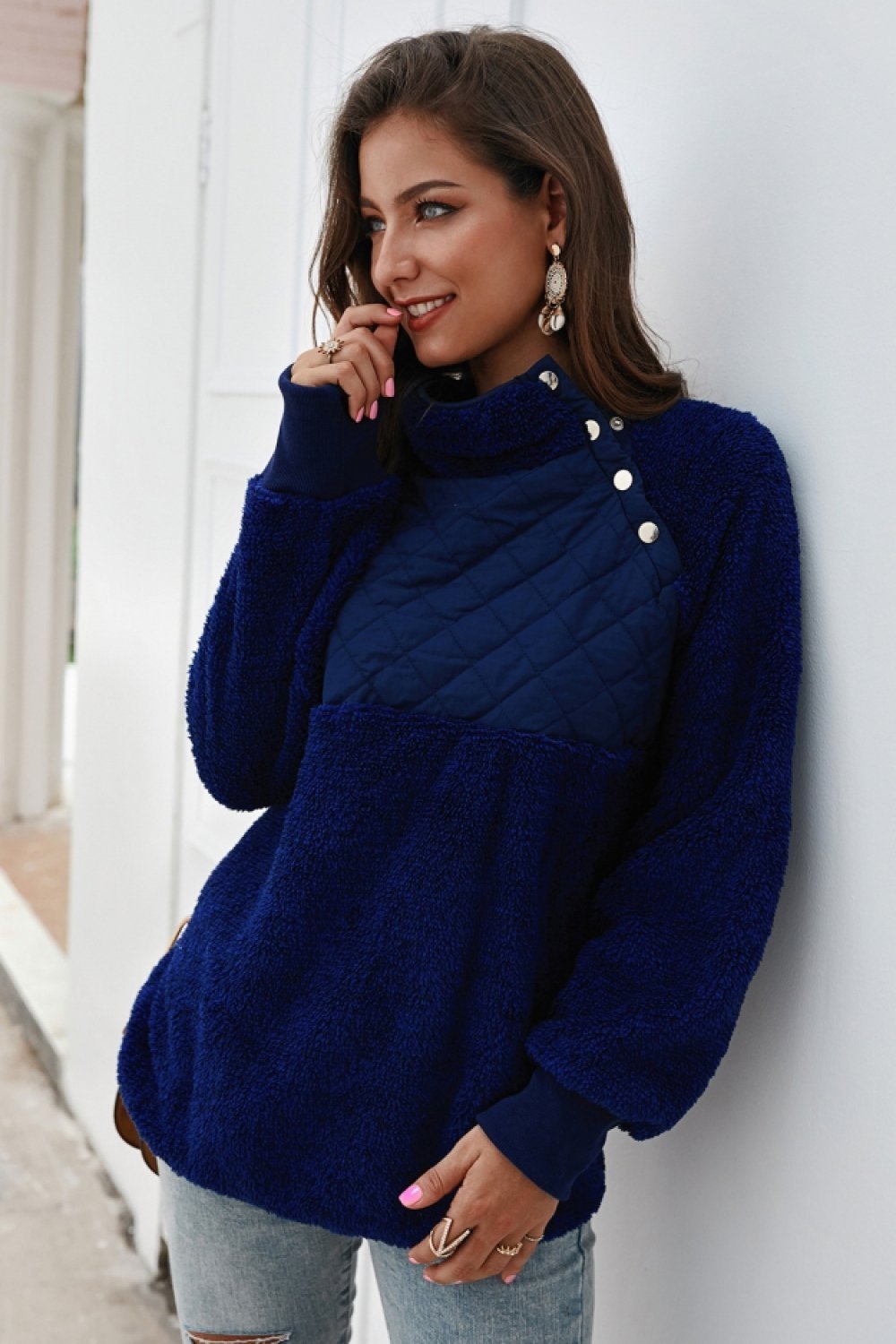 Color Block High Neck Buttons Sweatshirt