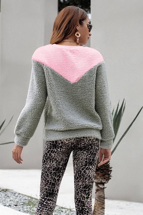 Color Block Round Neck Plush Sweatshirt