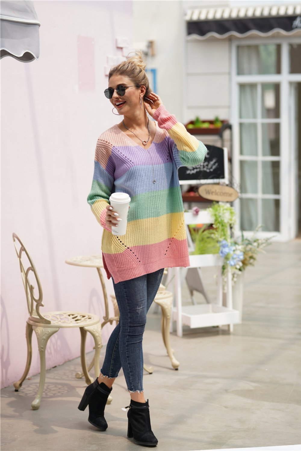 Color Block V Neck Plus Size Sweater