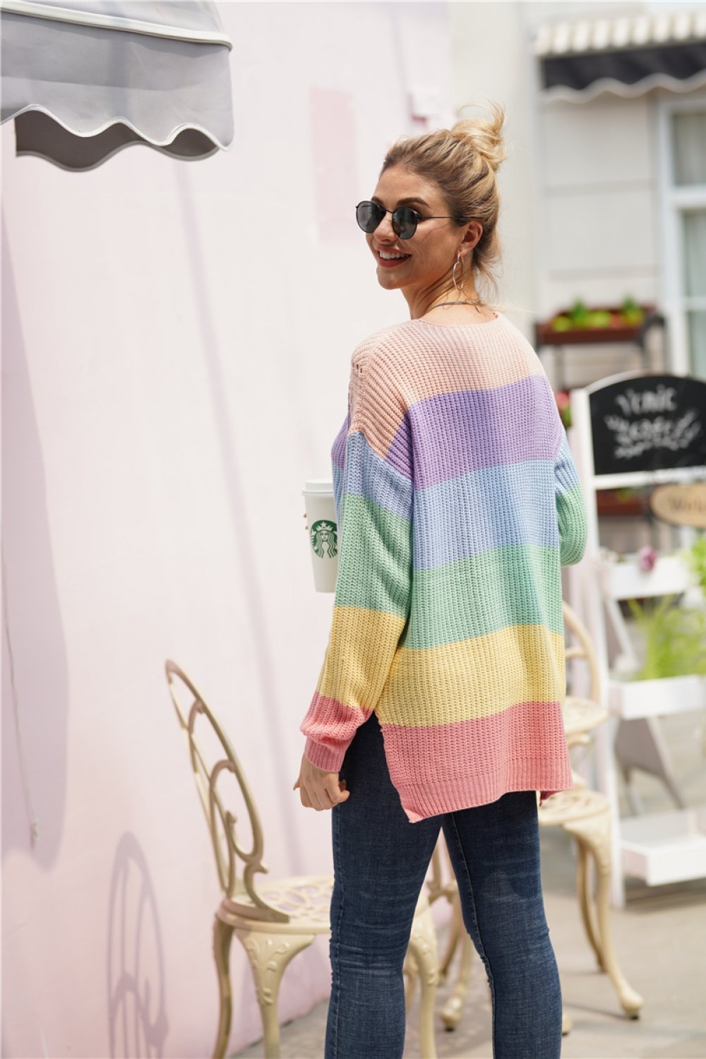 Color Block V Neck Plus Size Sweater