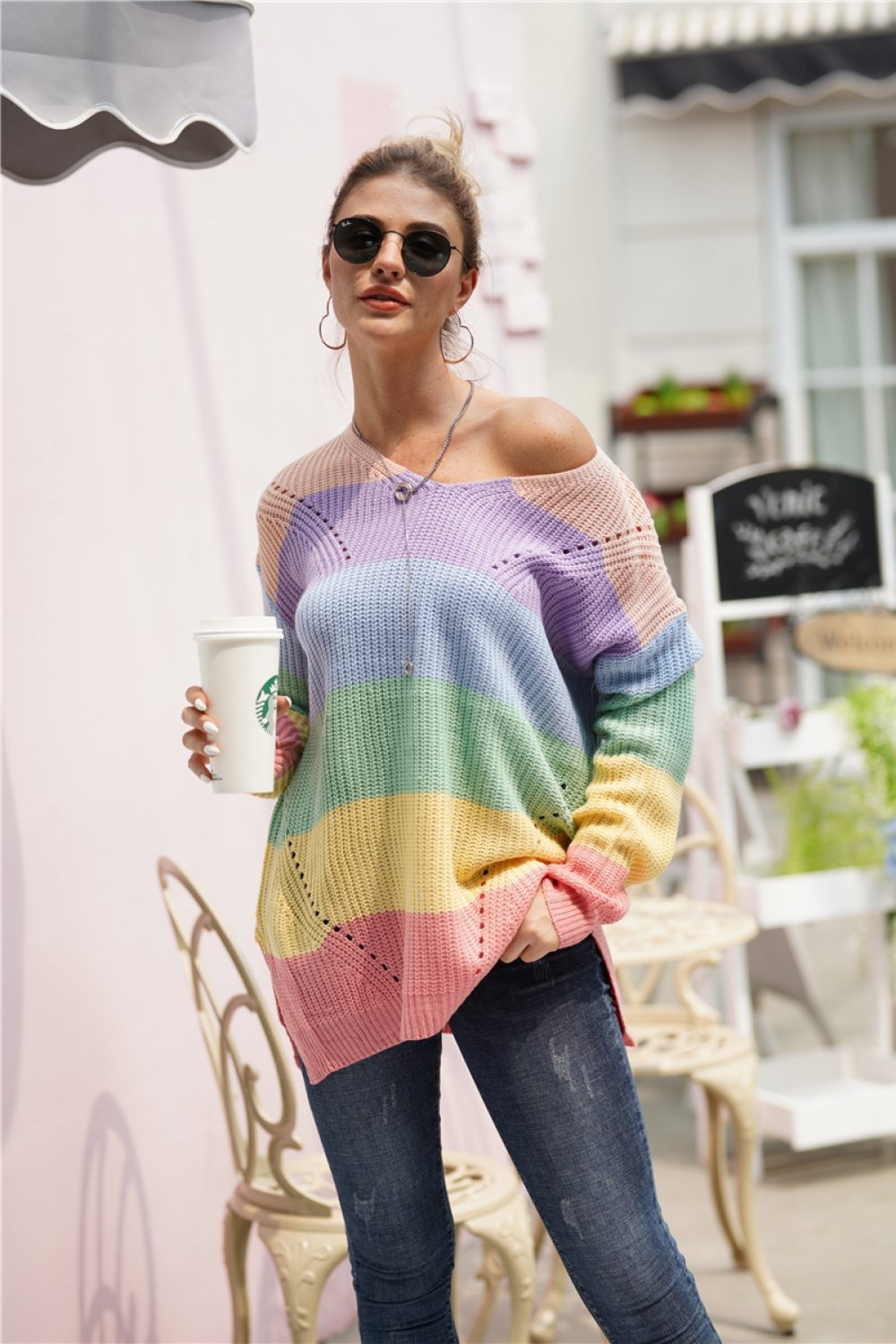 Color Block V Neck Plus Size Sweater