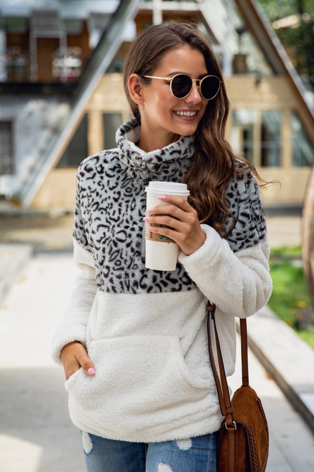 Color Block Zip Fluffy Sweatshirt