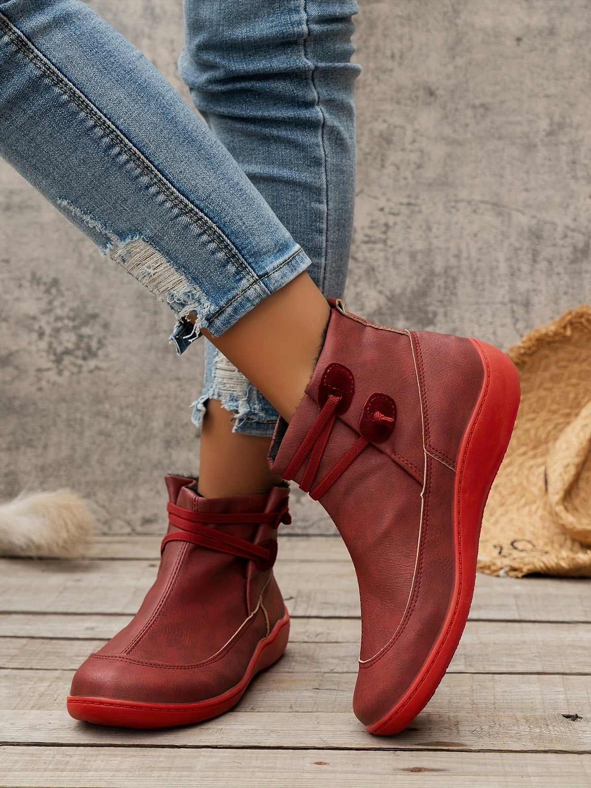 Retro Solid Color Slip On Faux Leather Flat Boots