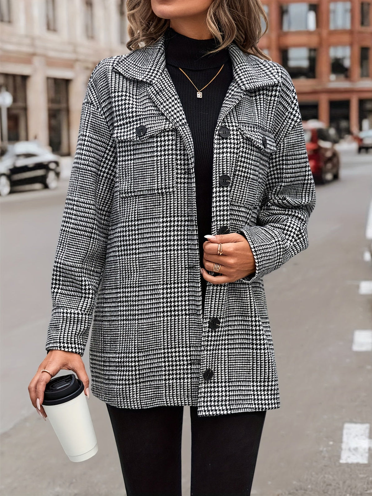 Houndstooth Flap Pockets Single Breasted Jacket