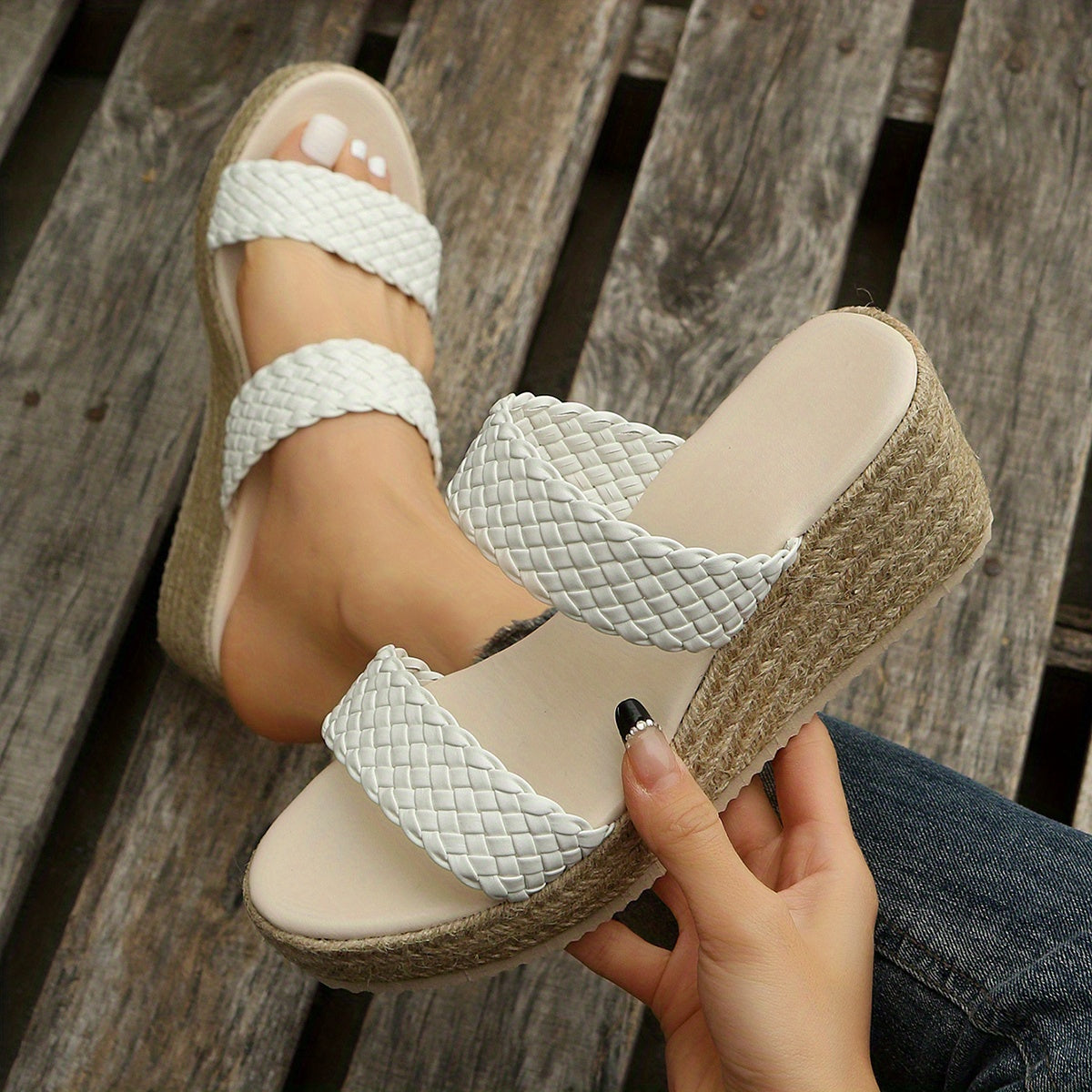 Double Strap Open Toe Espadrilles Wedge Sandals