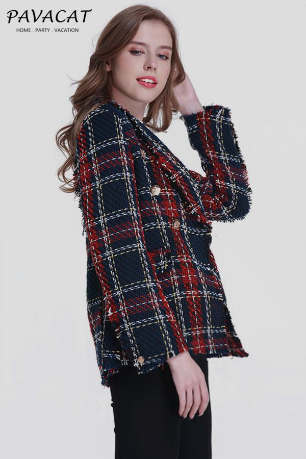 Double Breasted Frayed Checked Tweed Blazer