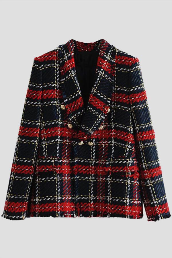 Double Breasted Frayed Checked Tweed Blazer