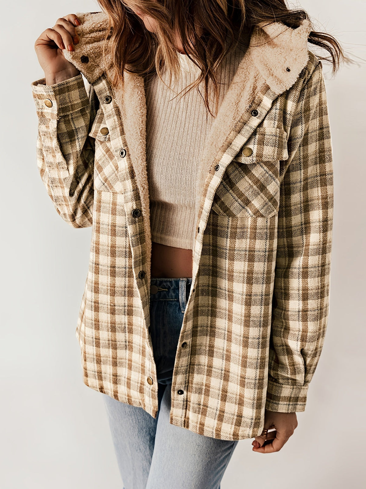Plaid Pattern Velvet Lining Hooded Jacket