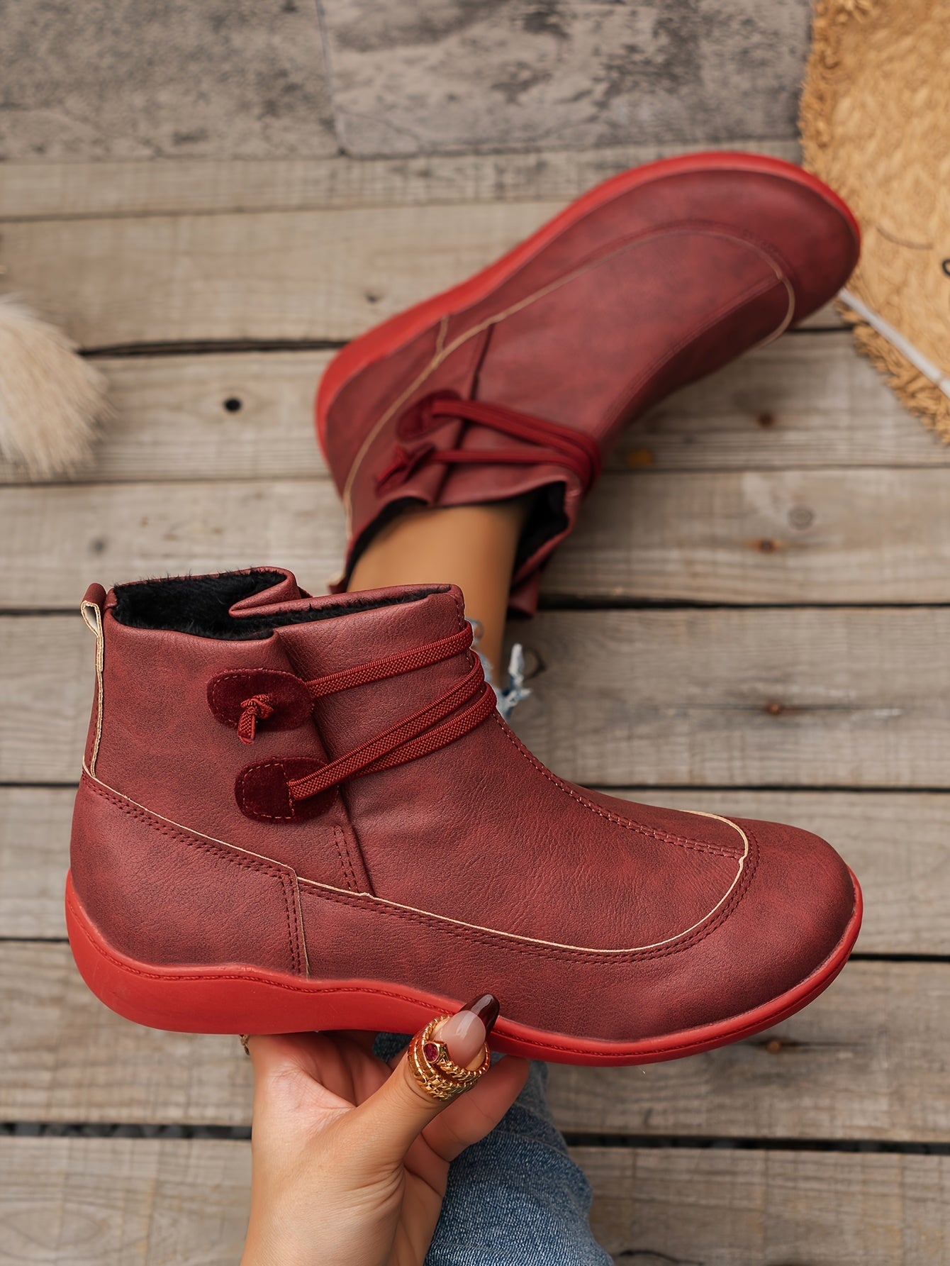 Retro Solid Color Slip On Faux Leather Flat Boots