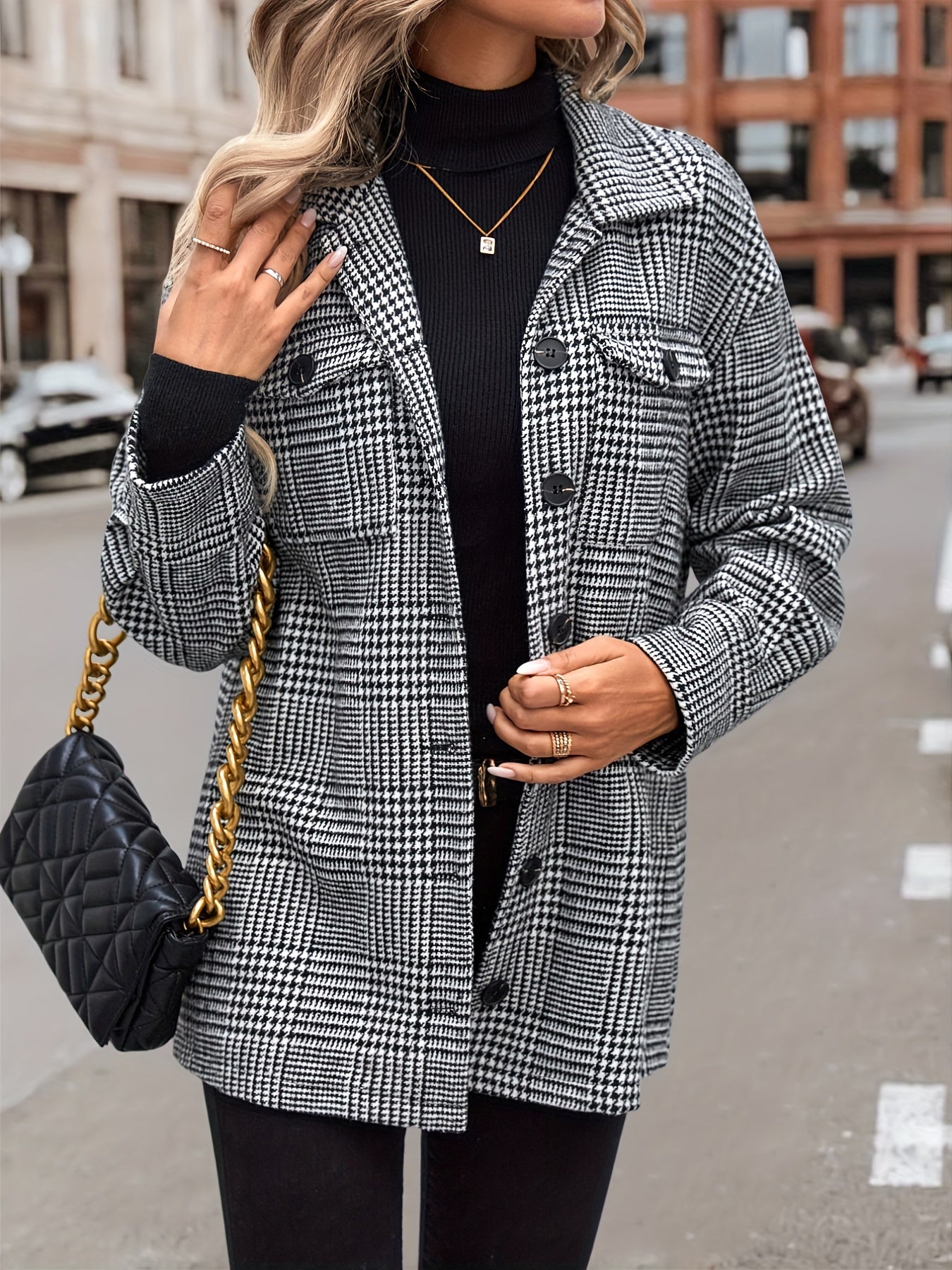 Houndstooth Flap Pockets Single Breasted Jacket