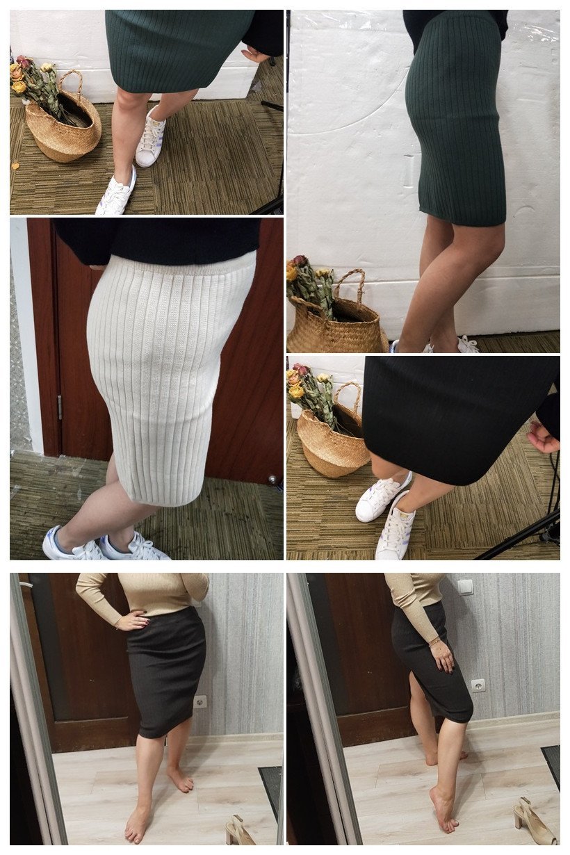 Elastic Band Knitted Ribbed Straight Skirt