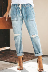 Elastic Waist Jeans Straight Pants