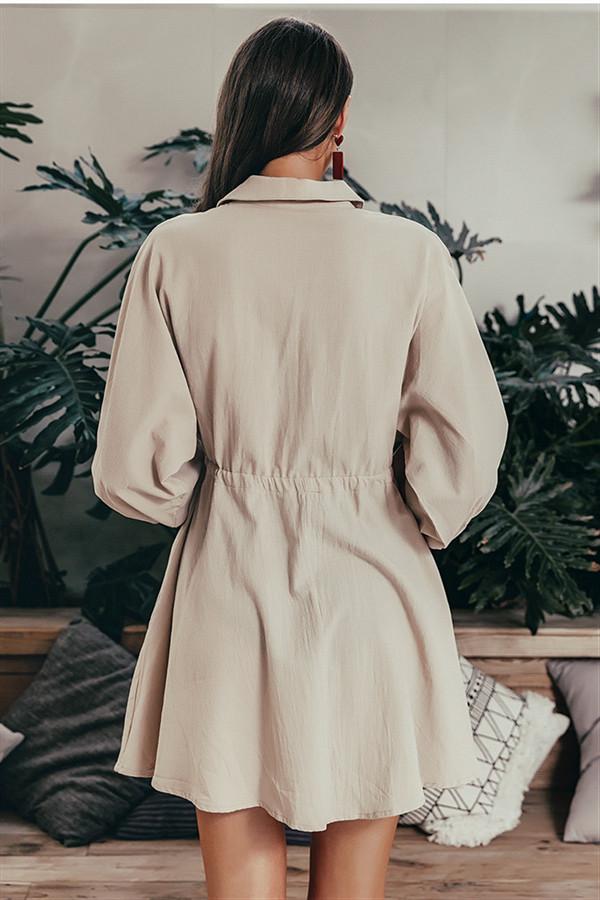 Elegant Linen Lantern Sleeve Shirt Dress