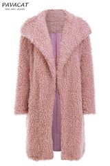 Elegant Pink Long Faux Fur Coat