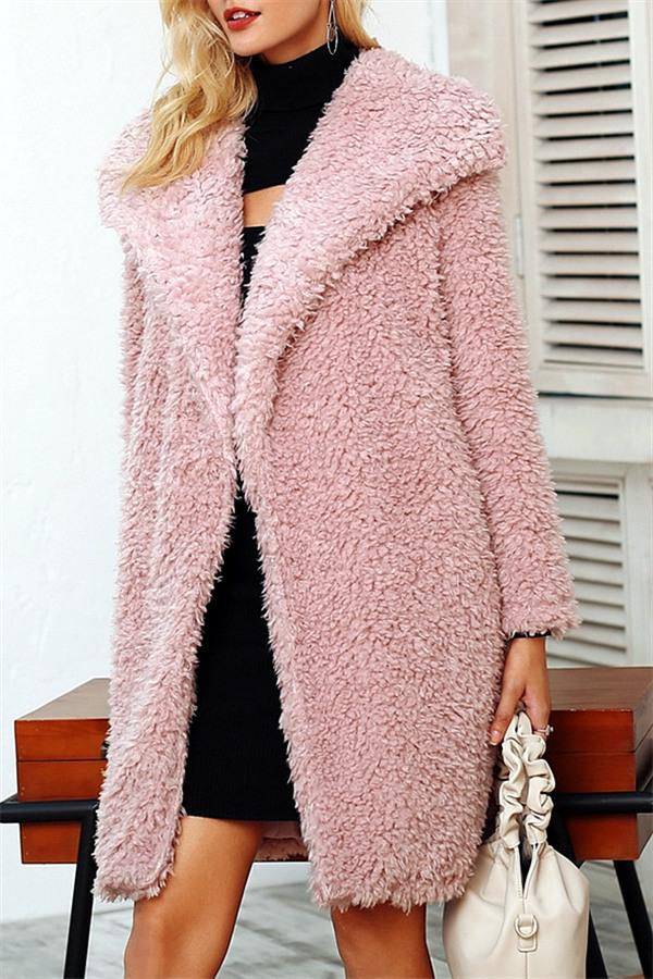 Elegant Pink Long Faux Fur Coat