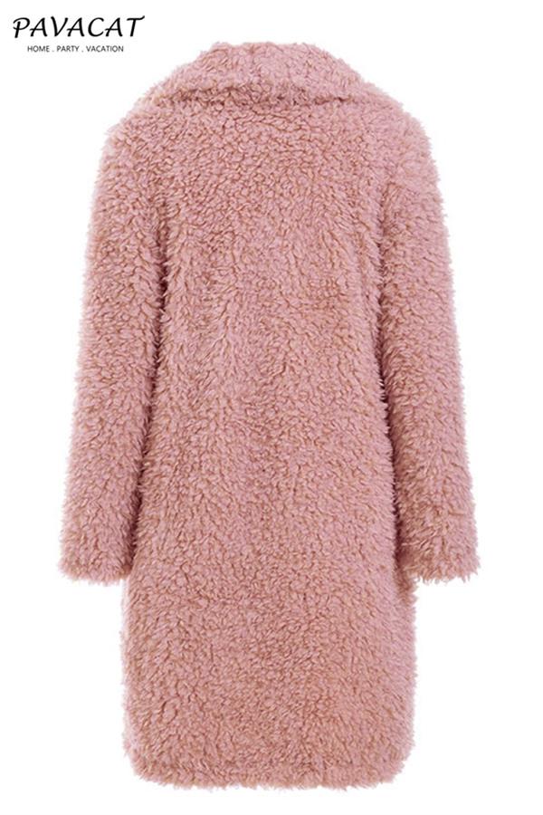 Elegant Pink Long Faux Fur Coat