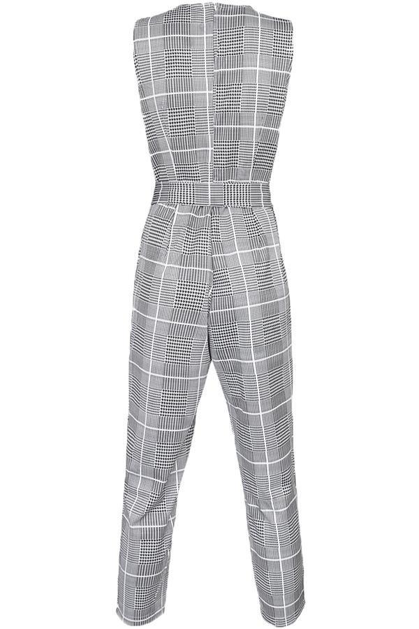 Elegant Pockets Plaid Belt Jumpsuit