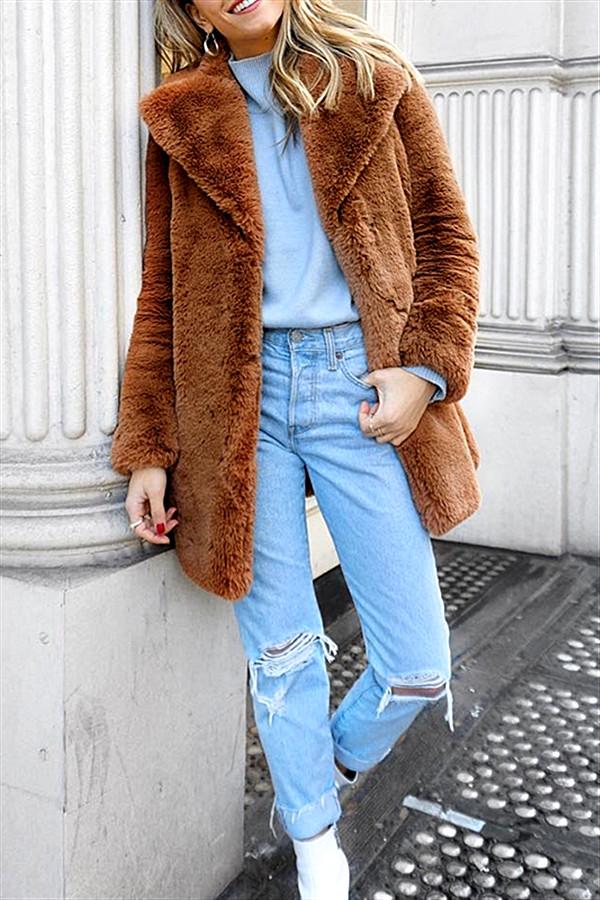 Elegant Shaggy Faux Fur Teddy Coat - Brown