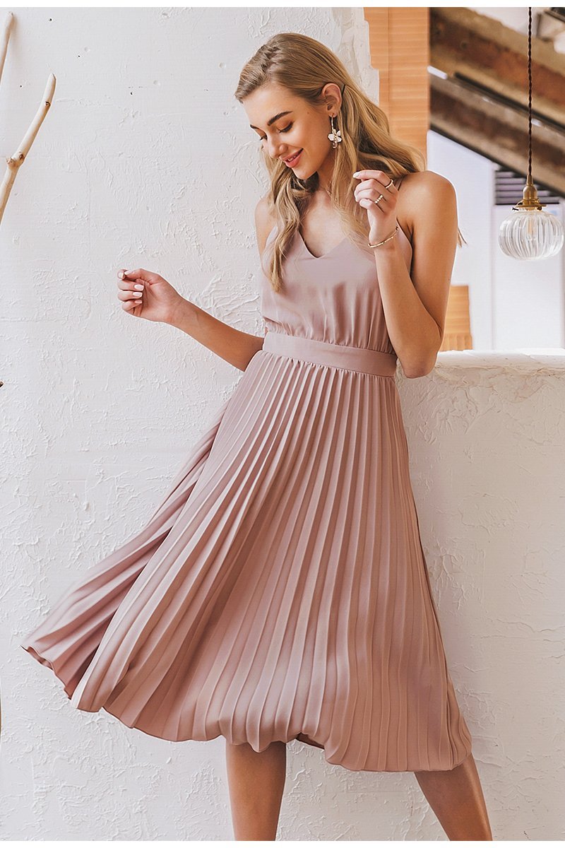 Elegant Spaghetti Strap Pleated Dress