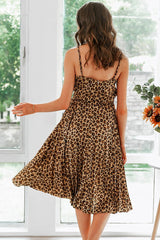 Elegant Leopard Spaghetti Strap Pleated Dress