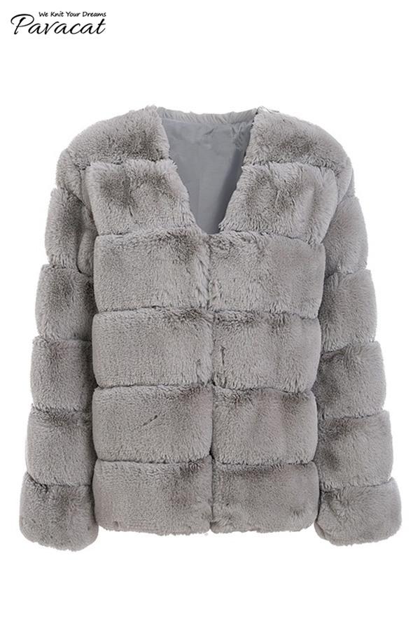 Elegant Thick Fluffy Faux Fur Coat - Light Gray