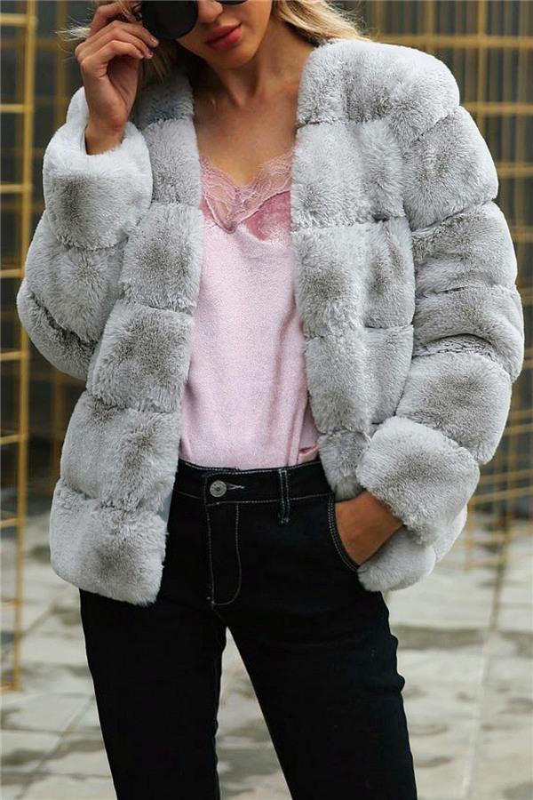 Elegant Thick Fluffy Faux Fur Coat - Light Gray