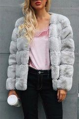 Elegant Thick Fluffy Faux Fur Coat - Light Gray