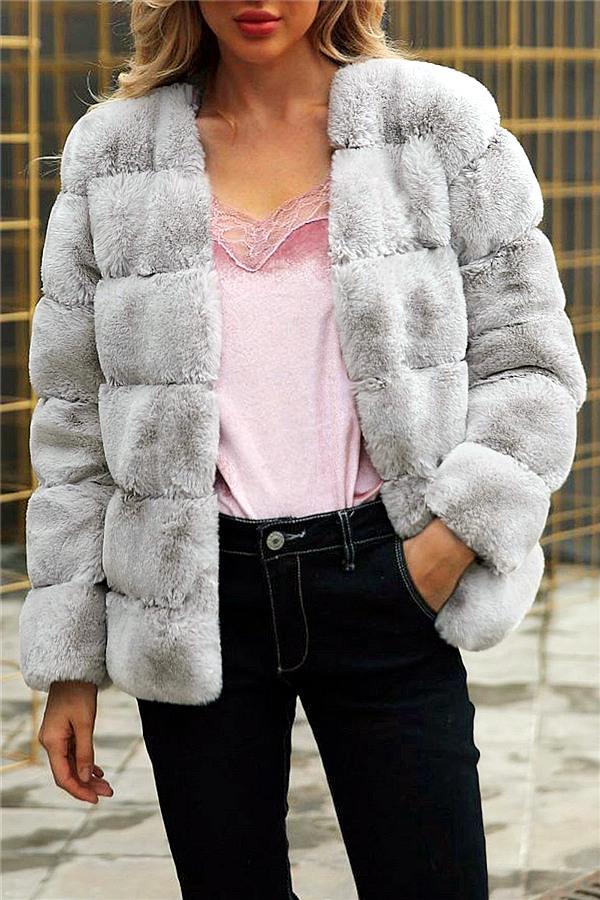 Elegant Thick Fluffy Faux Fur Coat - Light Gray