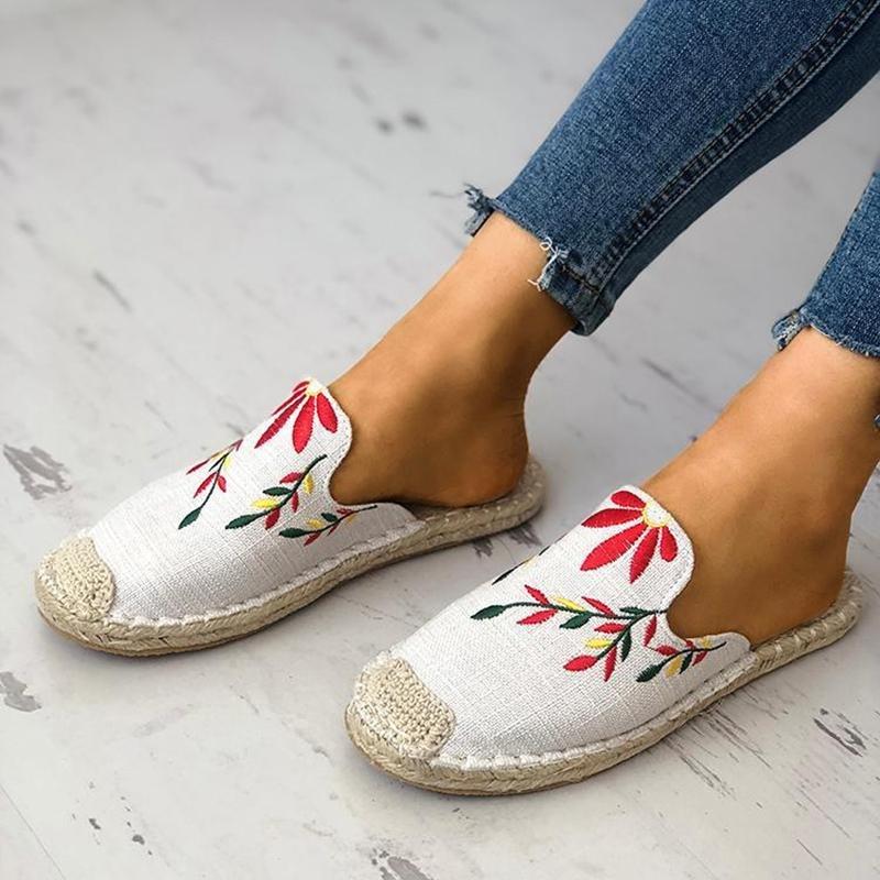 Embroidered Espadrille Flat Slippers