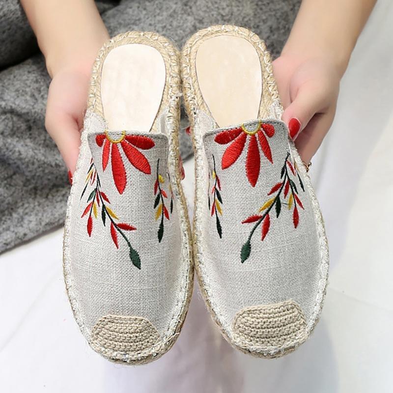 Embroidered Espadrille Flat Slippers