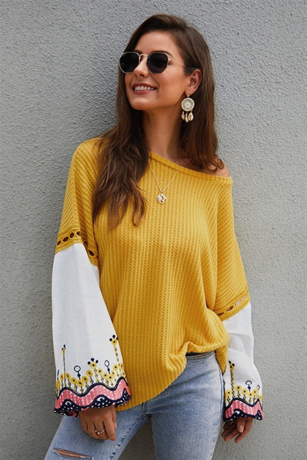 Embroidery Lantern Sleeve Loose Sweater