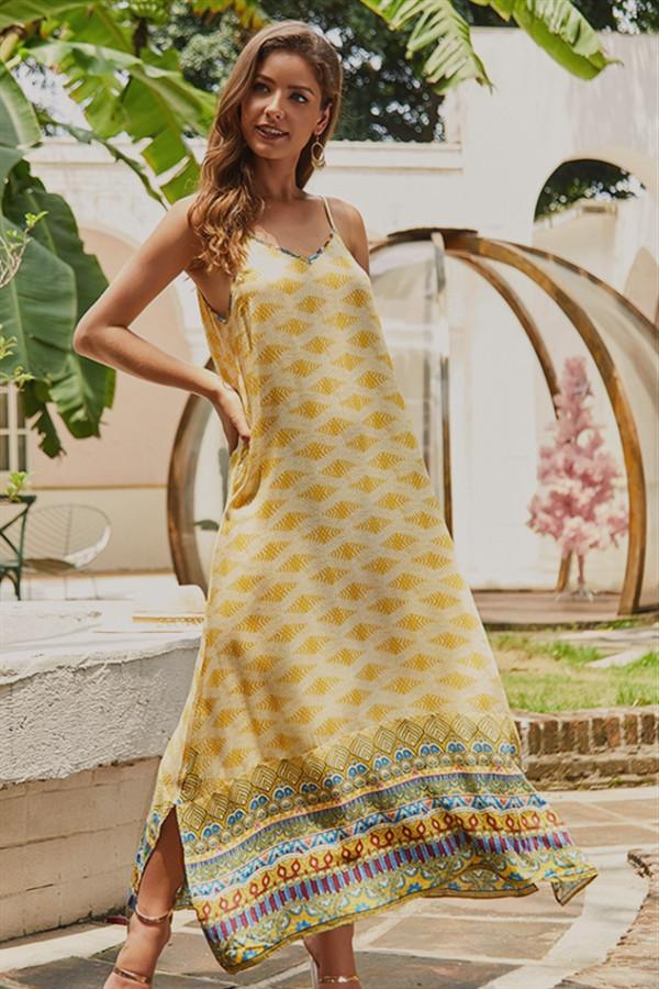 Ethnic V Neck Sleeveless Maxi Dress