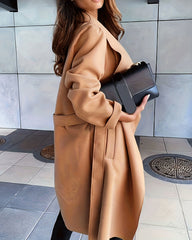 Elegant Waterfall Collar Open Front Belt Woolen Coat