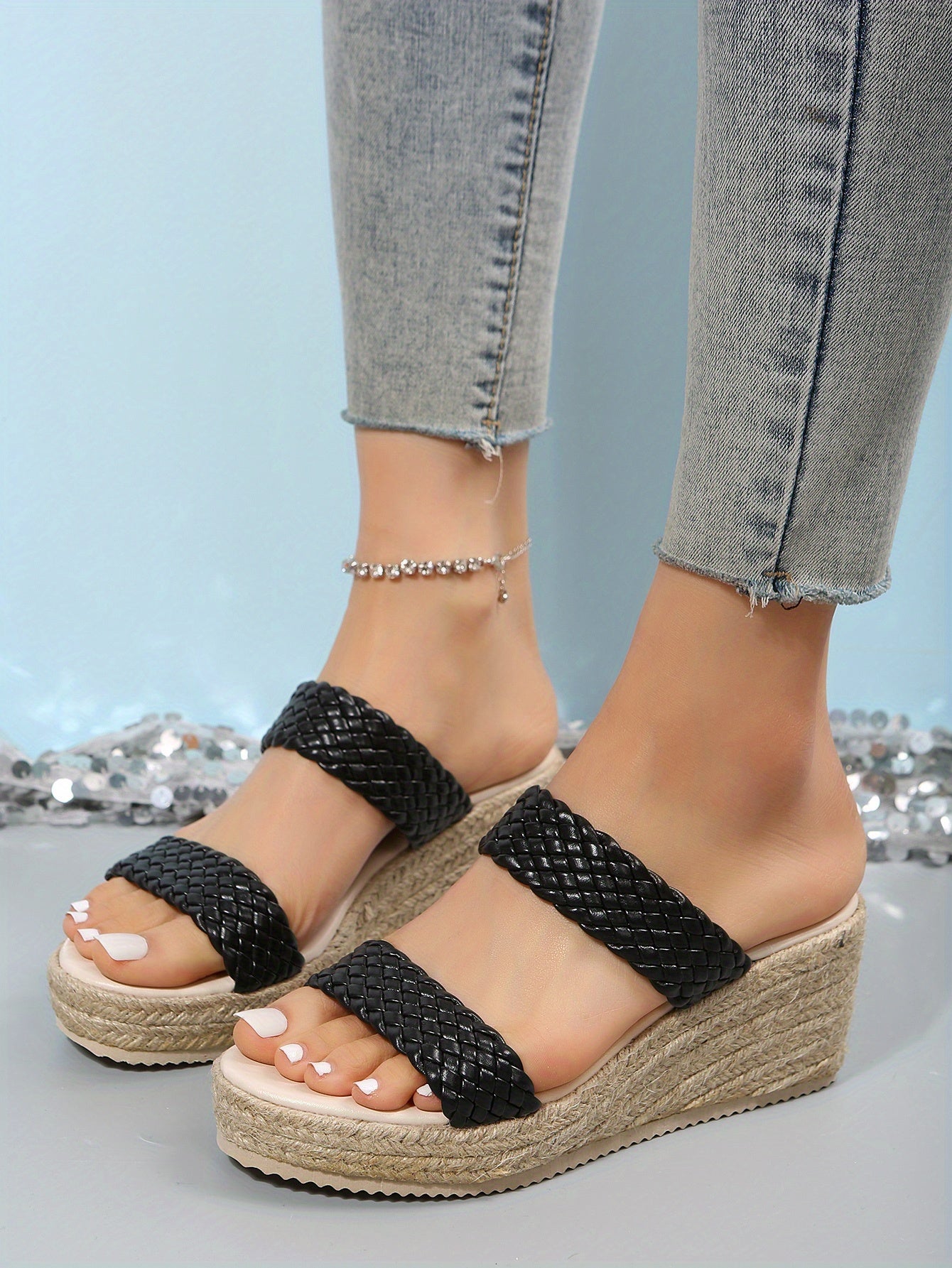 Double Strap Open Toe Espadrilles Wedge Sandals