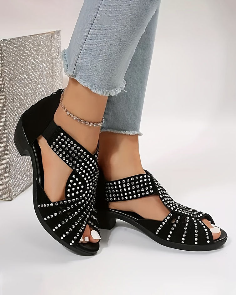 Peep Toe Back Zipper Chunky Heel Rhinestone Sandals