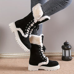 Warm Lace Up Flat Mid Calf Boots