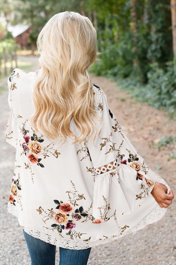 Flare Sleeve Floral Print Lace Blouse